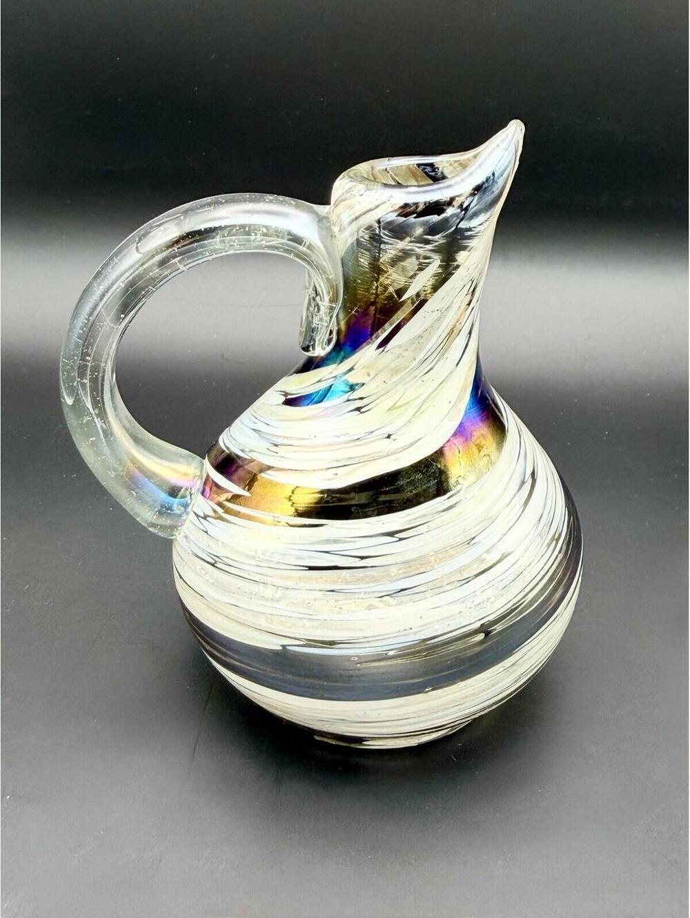 Handblown Glass Iridescent Ribbon Twisted Multicolor Decanter Olive Oil Cruet
